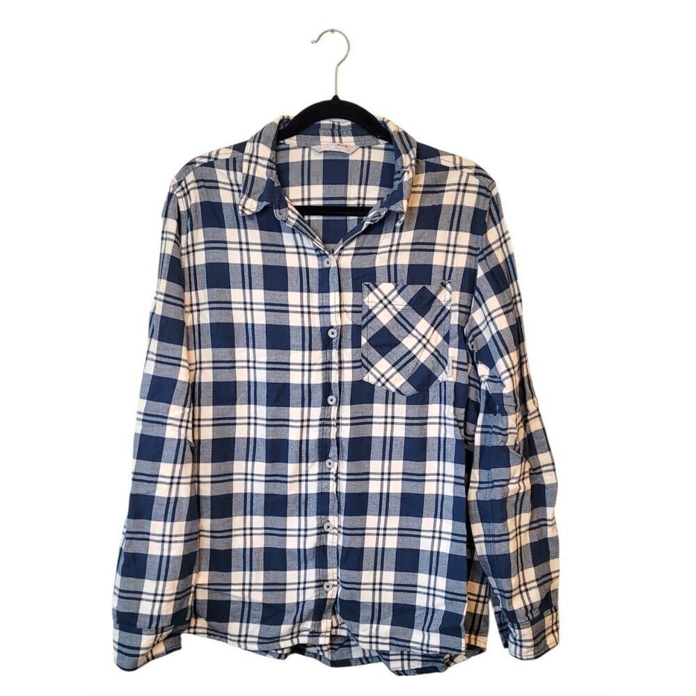 Stio Women's Navy & White Plaid Flannel Button-Up Shirt Size L